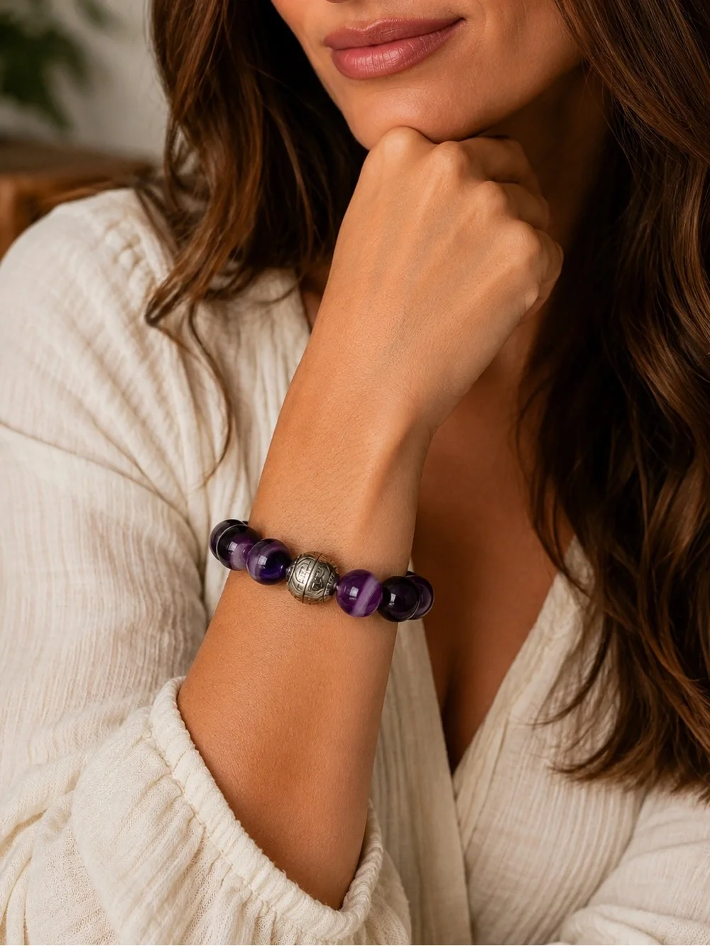 Purple Banded Agate-Like Stone Stretch Bracelet Chunky Silver Tone Vintage